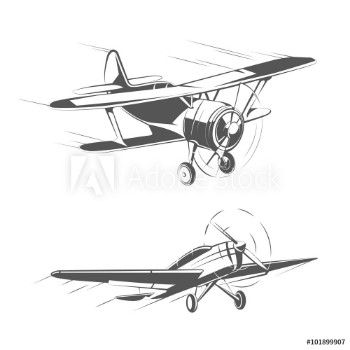 Picture of Biplane and monoplane aircrafts for vintage emblems badges and logos vector set Aviation airplane transportation illustration